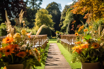 Wedding aisle, floral decor and marriage ceremony, autumnal flowers and decoration in the English countryside garden, autumn country style