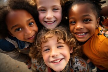 Group of diverse cheerful fun happy multiethnic children outdoors