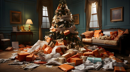 A Christmas tree with lots of torn gift wrapping paper and plastics lying on the floor. Concept of a throwaway culture on Christmas, problem of a throwaway gift wrap