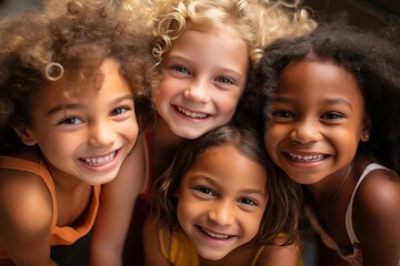 Obraz premium Group of diverse cheerful fun happy multiethnic children outdoors