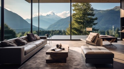 modern interior design room panoramic windows, generative ai