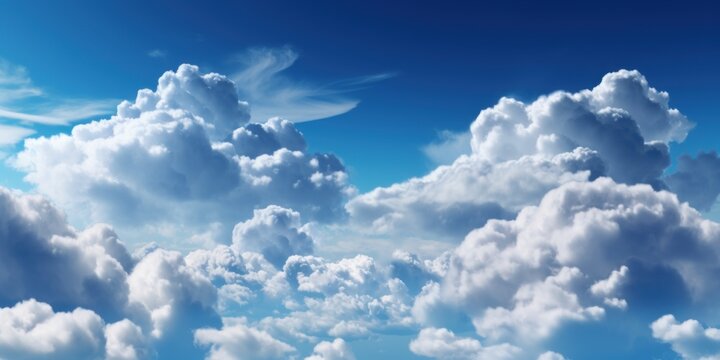Blue sky with white clouds background. blue cloudy skies texture, dark blue sky wallpaper with with white fully clouds and sunlight