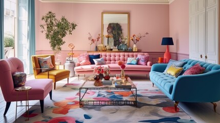 patterned carpet pink blue living room, generative ai
