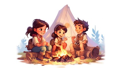 Kids sit around a campfire in the wood. Children sit on logs at a campsite around a fire