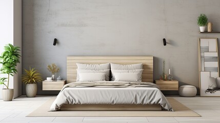 stylish room interior big comfortable bed, generative ai