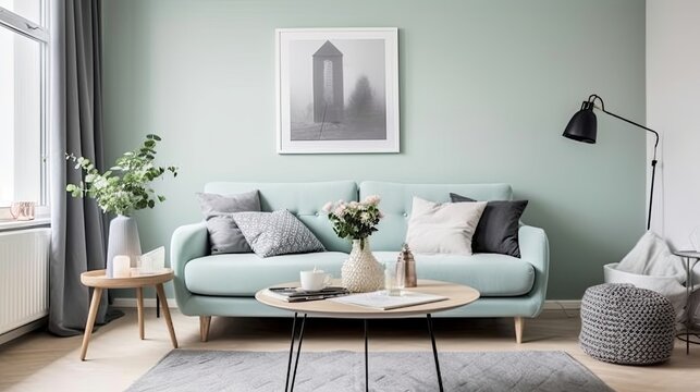 stylish scandinavian living room design mint green, generative ai