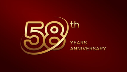 58th anniversary logo design in gold color isolated on a red background, logo vector illustration