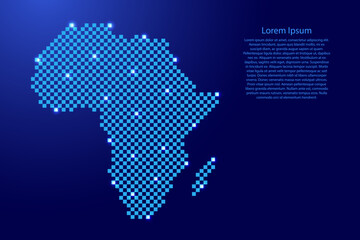 Africa continent map from futuristic blue checkered square grid pattern and glowing stars for banner, poster, greeting card