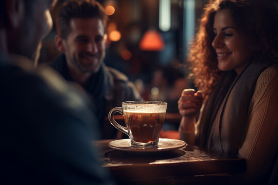 Lifestyle, Friendship, Food And Drinks Concept. Group Of Happy Friends Drinking Coffee And Talking With Each Other In Cafe. Generative AI