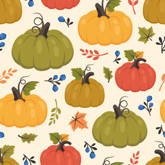 Autumn seamless pattern. Set of fall background with whole pumpkin and half, leaves, berries. Thanksgiving day. Seasonal harvest. Vector illustration for wallpapers, textile, notebooks, wrapping paper