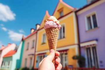 Hand holding ice cream on the background of a European city
