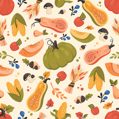 Autumn seamless pattern. Fall background with pumpkin, leaves, wheat, berries, mushroom. Thanksgiving day. Seasonal harvest. Vector illustration for wallpapers, textile, web, notebooks, wrapping paper