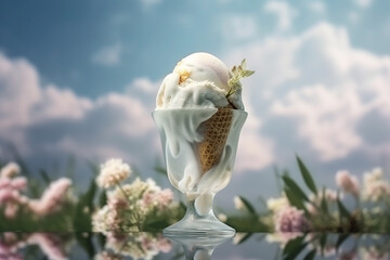 Ice cream decorated with flowers on the summer background