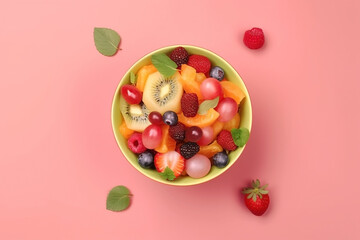 Plate with fruit salad top view with free space