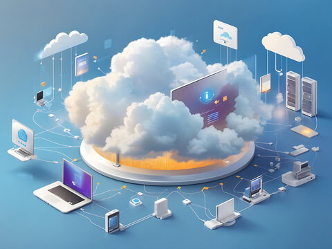 Cloud Infrastructure, 3D unique Cloud computing technology concept Futuristic illustration,  data storage, Abstract cloud computing technology concept, Data cloud server, Cloud technology, conceptual