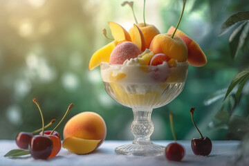 Ice cream decorated with fruits on the summer background