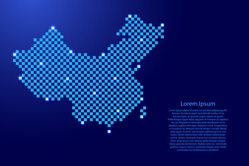 China map from futuristic blue checkered square grid pattern and glowing stars for banner, poster, greeting card