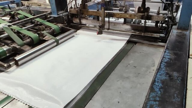 Enterprise for the production of polypropylene bags. Polypropylene fabric is cut to the desired size on a cutting machine