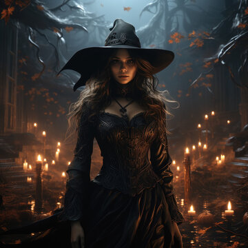 mujer vestida de bruja sobre fondo oscuro tenebroso con luz,  ilustracion de ia generativa