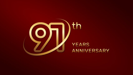 91th anniversary logo design in gold color isolated on a red background, logo vector illustration
