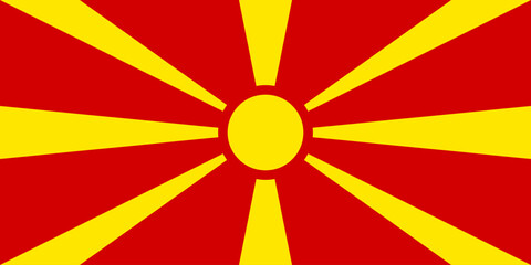 Flag North Macedonia, red cloth with yellow sun image with eight divergent rays