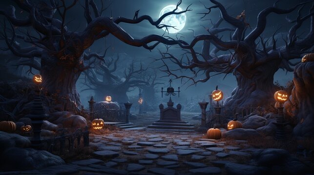 Halloween Grave Tree Background 3d render Generative AI