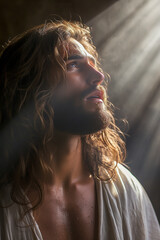 Long haired jesus like man looking towards sunlight