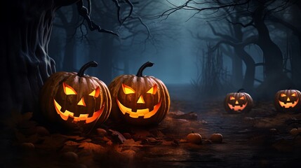 Halloween Pumpkins On Wood In A Spooky Forest At Night Generative AI
