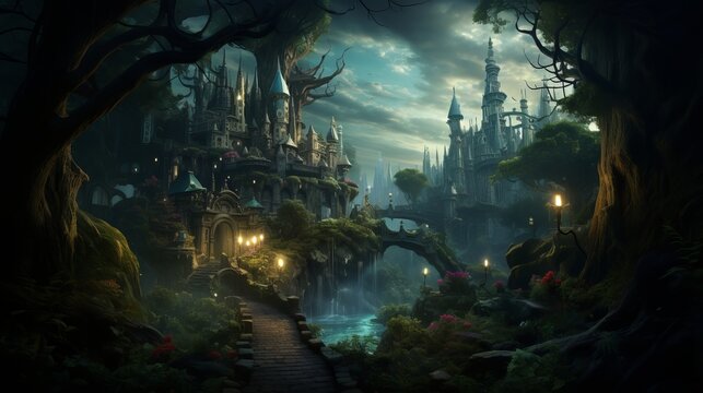 Hansel And Gretel Dark Brooding Forest With Disney Land Castle In The Middle Generative AI