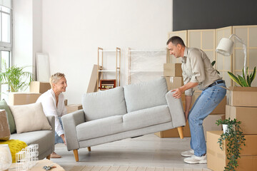 Mature couple carrying sofa in room on moving day