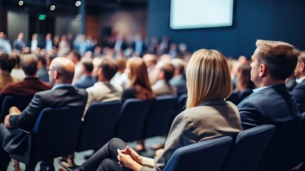 Businesswoman making a presentation at a business conference, out of focus, public watching