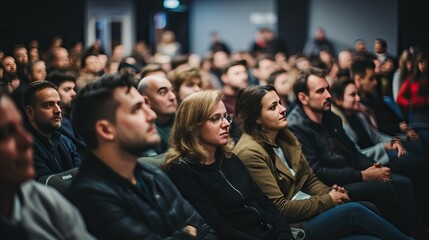 Businesswoman making a presentation at a business conference, out of focus, public watching
