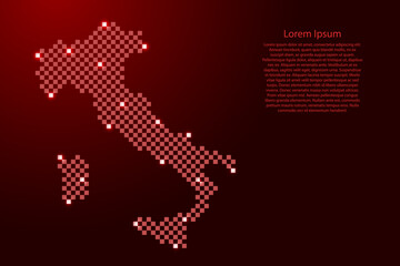 Italy map from futuristic red checkered square grid pattern and glowing stars for banner, poster, greeting card