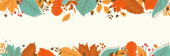 Fotobehang Retro compositie Hand drawn horizontal banner pattern with autumn bright leaves and berries in retro color template. Flat doodle style. Vector illustration.