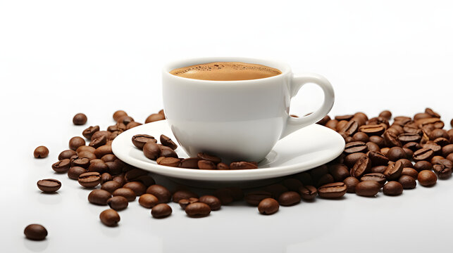 White cup of coffee with coffee beans on white background - generated image
