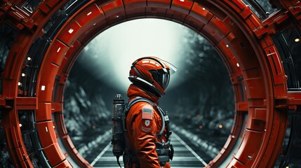 Futuristic motion cinematic scene conceptual photo, red thones, space style - obrazy, fototapety, plakaty