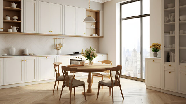 White kitchen corner with cabinets and table