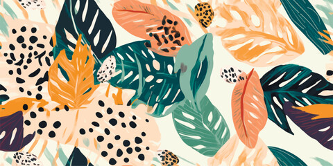 Hand drawn abstract jungle pattern with leopard print. Creative collage contemporary seamless pattern. Natural colors. Fashionable template for design