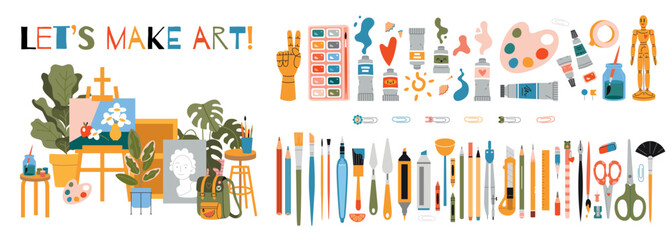 Big set with painting tools elements and Art class studio interior, cartoon style. Paint tubes, brushes and stationery. Trendy modern vector illustration isolated on white, hand drawn, flat design