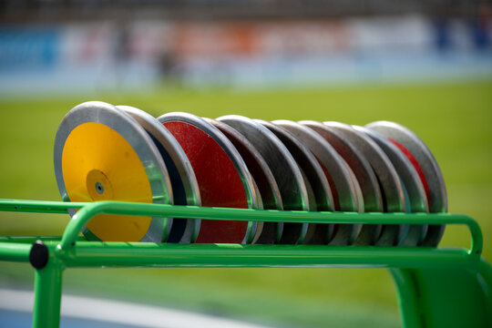 Track and  field / athletics.  Selection of  discus throws on the self.