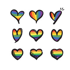 Lqbt pride month. Doodle heart with rainbow flag colors. Diversity representation.