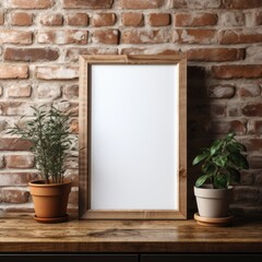 A wooden mockup frame against a textured brick wall, creating an inviting rustic ambiance. Generative AI