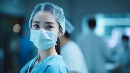 young lady doctor wearing surgical mask and scrub hospital ward