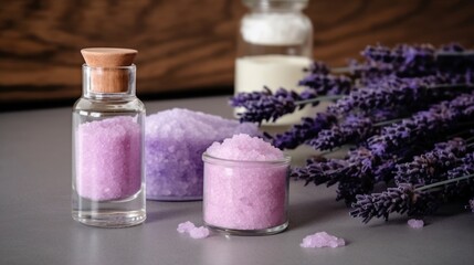 Lavender Bath Salt and Massage Oil in Minimalist Packaging. AI generated