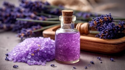 Fototapeta na wymiar Lavender Bath Salt and Massage Oil in Minimalist Packaging. AI generated