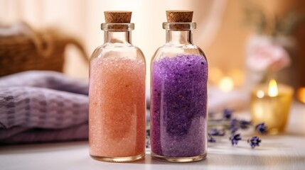 Obraz na płótnie Canvas Lavender Bath Salt and Massage Oil in Minimalist Packaging. AI generated