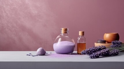 Obraz na płótnie Canvas Contemporary Spa Scene with Lavender Bath Salt and Massage Oil. AI generated