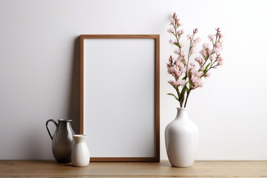 Mockup frame, White background mockup frame featuring a kitchen scene with elegant orchids. Generative AI © Ivy