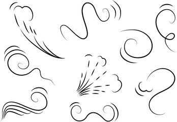 Outline drawing of a breath of wind.Wind blow set in line style.Wave flowing illustration with hand drawn doodle cartoon style.