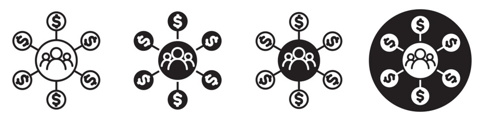 Crowd Funding symbol Icon set collection. Vector sign mark of money network in business finance. Multi income source or dollar diversification.  Share or stock holder of corporate in group web app ui 